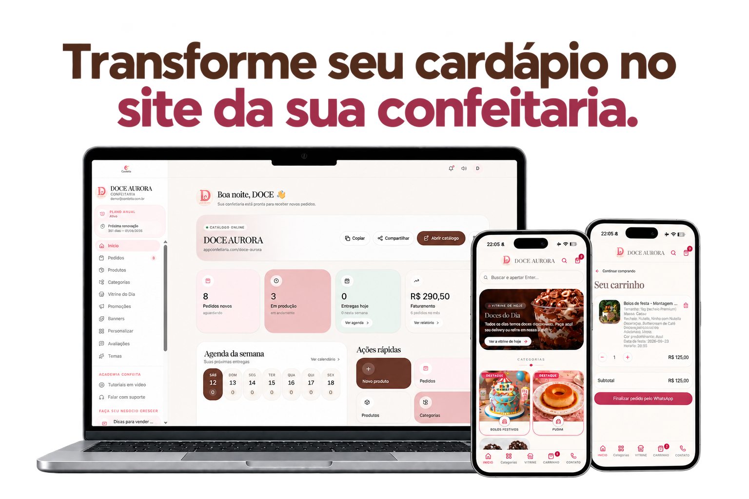 Transforme seu cardápio no site da sua confeitaria — painel do Confeita no computador e catálogo da cliente no celular