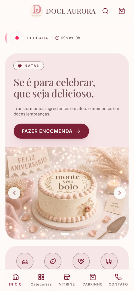 Página inicial do catálogo com a paleta Bordô Intenso